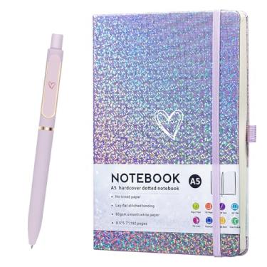 Imagem de HJWKJUS Caderno A5 Bling com caneta, bloco de notas pautado A5 para meninas e mulheres, lindo design de padrão de coração, com glitter, diário a laser, pautado na faculdade, caderno de capa dura para
