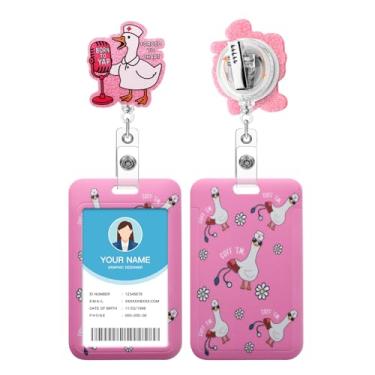 Imagem de Soleebee Porta-crachá de identificação com carretel retrátil, carretel engraçado de acrílico para crachá de ganso yapper com suporte para cartão, clipe de crachá com clipe de jacaré giratório de 360°