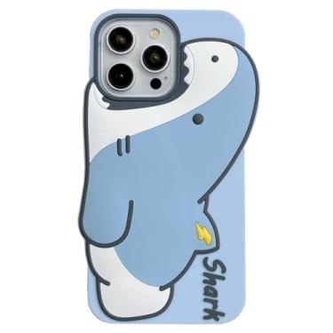 Imagem de YAKVOOK Linda capa de silicone para iPhone 16 Pro Max de 6,9 polegadas, legal e divertida, desenho 3D, tubarão azul, kawaii, capa de telefone com amortecedor de borracha macia, capa engraçada para