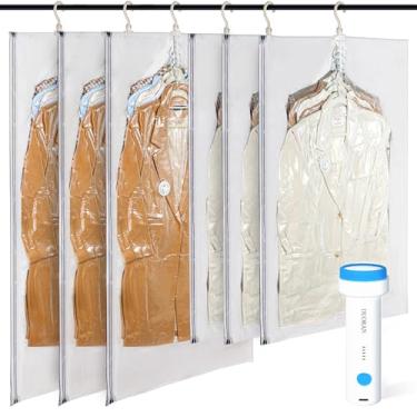 Imagem de DUORAN Sacos de armazenamento a vácuo pendurados com bomba elétrica – 6 (3 longos, 3 curtos) bolsas de compressão à prova de intempéries que economizam espaço para ternos, jaquetas, roupas de viagem