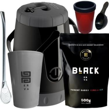 Imagem de BLACK ERVA, Kit Tereré Black Erva Mate 500g Garrafa Pávia Lisa 2,5L Copo Acrílico Cinza Bomba de Ferro Cromada (CEREJA ICE)