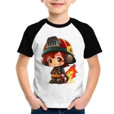 Imagem de Camiseta Raglan Infantil Bombeiro Mirim - Foca na Moda, Branco, Preto,