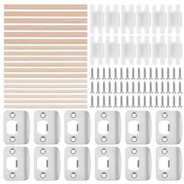 Imagem de GOMAKERER 6 conjuntos de kits de placa de ataque de porta, reparo de placa de bloqueio de porta de aço inoxidável, espaçador restaurador de trava de porta com tiras de cavilha de madeira e parafusos