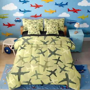 Imagem de Erosebridal Jogo de cama de casal com 7 peças, avião camuflado, verde exército, para crianças e adultos, conjunto de cama de avião moderno e camuflagem rústica