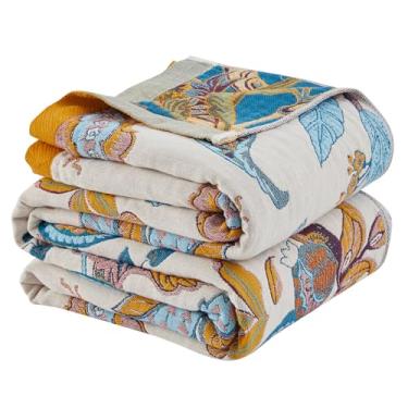 Imagem de Ffdshc Cobertor King Size Boho 228.6 cm x 248.9 cm Ultra Grande 4 Camadas 100% Algodão Cobertor para Sofá, Cama, Padrão Floral Respirável Cobertor de Musselina Tecido Boho Colcha para o Natal