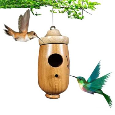 Imagem de BOMEIQEE Casa de beija-flor, mini casa de pássaros de 11 cm, ninho de balanço de beija-flor de madeira para pendurar ao ar livre, chalé para animais de estimação para casinhas de beija-flor pardal