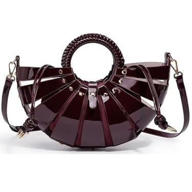 Imagem de louceko Bolsa de ombro feminina de couro PU, vazada, transversal, alça de tecido, concha para ventilador, cesta de vegetais, bolsa de mão, Claret, Medium