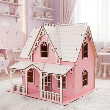 Imagem de Casinha Boneca Rosa Branco Miniatura MDF Polly 34cm