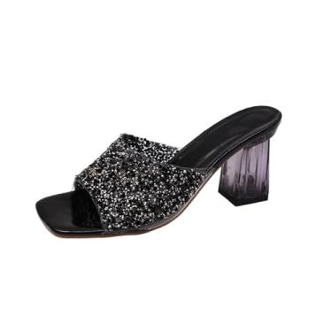 Imagem de Sandálias femininas elegantes com salto transparente para uso casual de verão, Preto, 36
