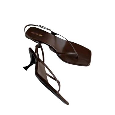 Imagem de MakeMeChic Sandálias femininas de salto baixo com bico quadrado e tira fina de couro PU, Marrom, 37