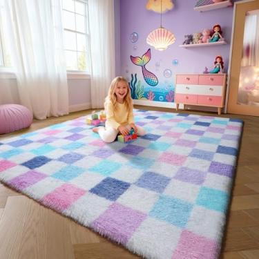 Imagem de KICMOR Tapete de área quadriculado roxo arco-íris 15 x 23 cm para sala de estar, grande, colorido, macio, felpudo, felpudo, tapete fofo para quarto de crianças, meninas, berçário, decoração de casa