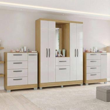 Imagem de Kit Guarda Roupa Atlas 5 Portas E 2 Cômoda Poquema Damasco/off White