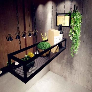 Imagem de Prateleira suspensa de teto de metal preto - Rack de armazenamento de cozinha, suporte flutuante para plantas e organizador de vasos, moldura de ferro durável para decoração de casa, 100 x 25 x 15 cm