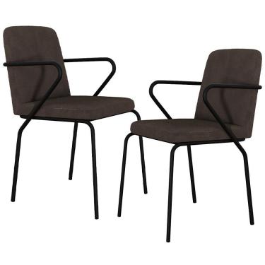 Imagem de Kit 02 Cadeiras Estofada Para Sala De Jantar Com Braço Loft Preto C01 Bouclê Marrom - Lyam Decor