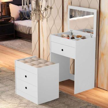 Imagem de Penteadeira Cômoda Gaveteiro Com Banqueta Embutido Mdf Espelho Basculante Branco