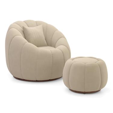 Imagem de Poltrona Decorativa Concha Giratória com Puff Estilo Abóbora Shell Veludo Bege - Abmaza