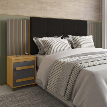 Imagem de Cabeceira Suíça Extensível Ripado C/ 2 Mesas De Cabeceira Painel Estofado - Cinamomo/grafite