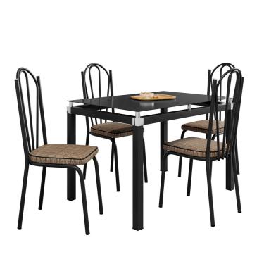 Imagem de Kit Conjunto Mesa de Jantar Malva Base 4118 4 Lugares Tampo Vidro com Cadeiras Assento Rattan Preto 107CM