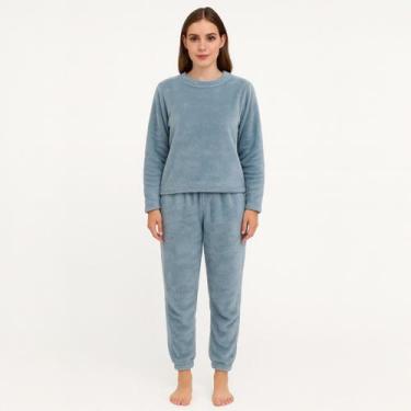 Imagem de Pijama feminino manga longa quentinho fofinho pelúcia Azul - Marca, Az
