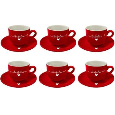 Imagem de Jogo 6 Xícaras Café Vermelha Coração Porcelana Hauskraft 90Ml