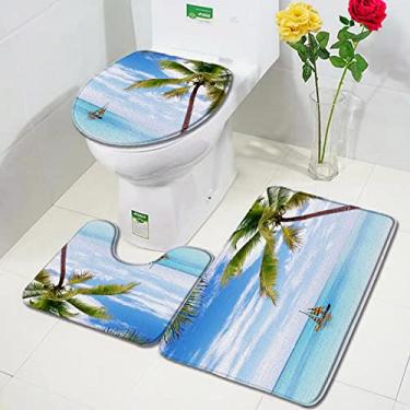 Imagem de Conjuntos de tapetes de banho de praia de folhas de palmeira oceano mar onda paisagem natureza tapetes de porta de banheiro decoração antiderrapante tapete de capa de vaso sanitário, 1338zy, conjunto de 3 peças, 60x40cm, 23.6x15.7in