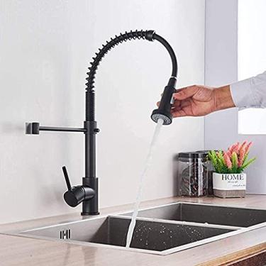 Imagem de Torneiras, torneiras de cozinha, torneira giratória 360, torneira de pia de cozinha com água quente e fria escovada Spstyle Pull Out Spray Head Deck Montado/preto Pequena surpresa