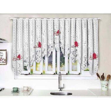 Imagem de Cortina Renda Cascata Cozinha Creme Bule Vermelho 3x1,00 Alt