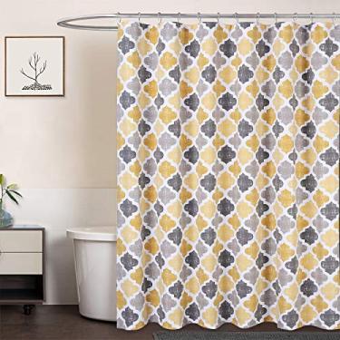 Imagem de CAROMIO Cortina de chuveiro de tecido, cortina de chuveiro moderna com estampa geométrica quadrifólio de algodão e poliéster para banheiro, amarelo/cinza, 182 x 192 centímetros