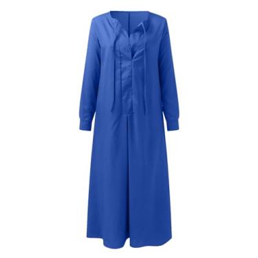 Imagem de Saia rodada cor sólida lapela manga longa simples casual camisa longa vestido feminino vestidos longos, Azul, 3G
