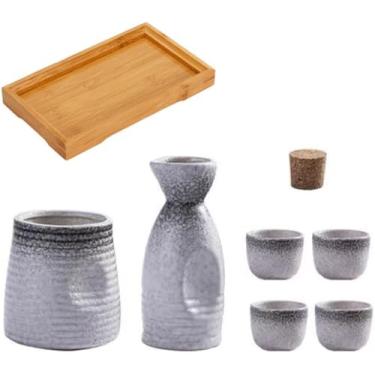 Imagem de Conjunto de saquê japonês garrafa de saquê de cerâmica copos e aquecedor de saquê para casa ou restaurante, 1 pote 4 copos 1 aquecedor 1 bandeja (neve)