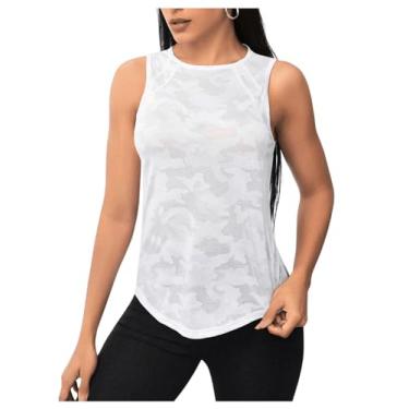 Imagem de SweatyRocks Camiseta regata esportiva feminina com estampa camuflada, bainha assimétrica, sem mangas, atlética para ioga, Branco, G