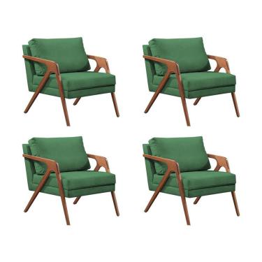 Imagem de Kit 4 Poltronas Decorativas Mona Luxo Linho Verde Base Madeira Maciça