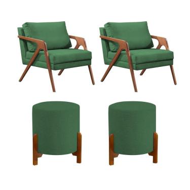 Imagem de Conjunto 2 Poltronas Mona Decorativa e 2 Puff Thor Estofado Base Madeira Maciça Linho Verde