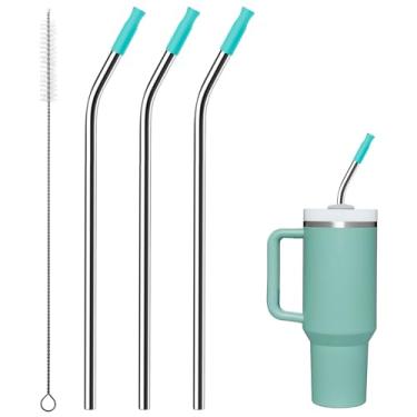 Imagem de Prurex Canudos de metal com ponta de silicone para copo de 1,134 g - Aço inoxidável reutilizável para Stanley, 3 pontas de silicone dobráveis de 33,8 cm e 3 verde-claro - Canudos de smoothie
