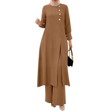Imagem de ODIZLI Conjunto de 2 peças feminino muçulmano, camisa e calça de botão de manga comprida, vestido casual Abaya Dubai, Cáqui C, G