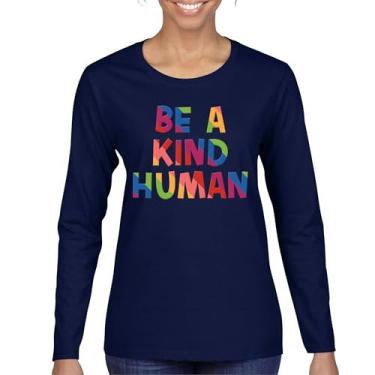 Imagem de Camiseta feminina manga longa Be a Kind Human Puff Print Mensagem positiva citação inspiradora motivação diversidade encorajadora, Azul marinho, GG