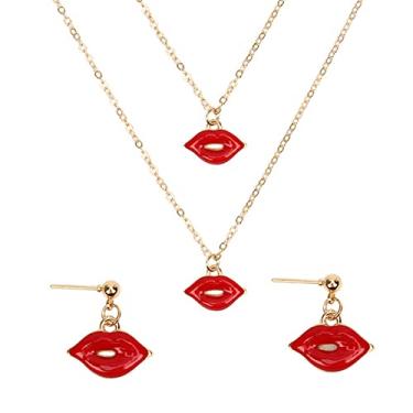 Imagem de Hifunny Conjunto de brincos de colar de lábios vermelhos sexy com lábios vermelhos para mulheres do Dia dos Namorados, Metal, Strass