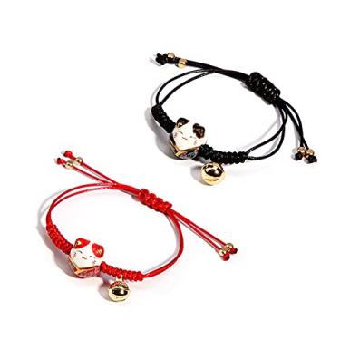 Imagem de 2 peças Feng Shui Cerâmicas Sorte Gato Boa Sorte Riqueza Casal Pulseira frisada Ajustável Corda Fio com Sino Riqueza Saúde Sorte Símbolo Rico Dinheiro para Mulheres Meninas BFF Joias Amizade, corda,