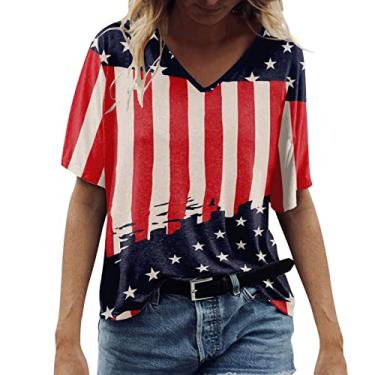 Imagem de Camiseta feminina 4th of July Blusas Dia da Independência camiseta bandeira dos EUA coração gráfico túnica camiseta manga curta, Vermelho, M