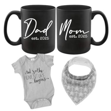 Imagem de Presente de gravidez Est 2021 – Conjunto de Coração de Caneca de 325 ml “Let Adventure Begin” Romper (0-3 meses) – Conjunto de Presente de Mãe e Pai para Novos e Expectantes Pais, para Ser – Chá de Bebê