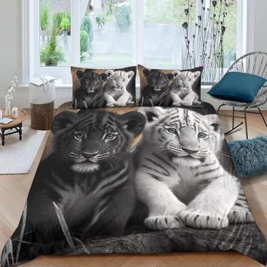 Imagem de Jogo de cama solteiro tigre branco conjunto de 3 peças para decoração de quarto, capa de edredom de microfibra macia 168 x 232 centímetros e 2 fronhas, com fecho de zíper e laços