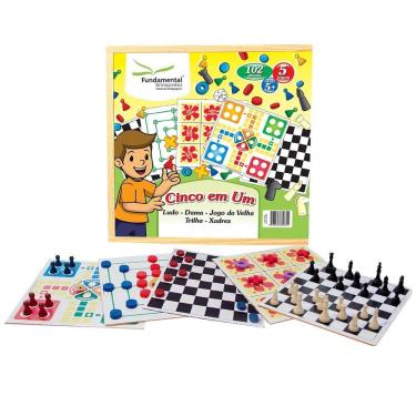 Imagem de Jogo 5 em 1 Fundamental Brinquedos (Dama, Trilha, Ludo, Jogo da Velha e Dominó)