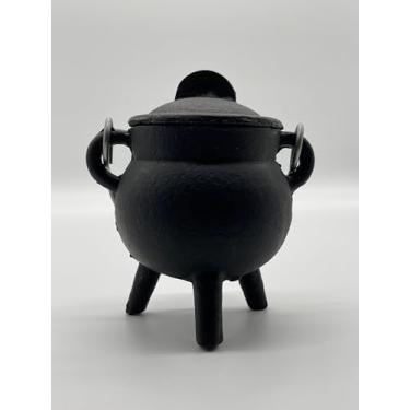 Imagem de Caldeirão de ferro fundido simples de 7,6 cm com tampa e alça, caldeirão de bruxas, ótimo para uso com incenso de carvão, sálvia