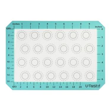 Imagem de Tapete Macaron resistente ao calor 446ºF: U-Taste Tapete de silicone antiaderente de 29,8 x 21 cm, forro de folha de massa de biscoitos reutilizável com aprimoramento de borda e medição de círculo