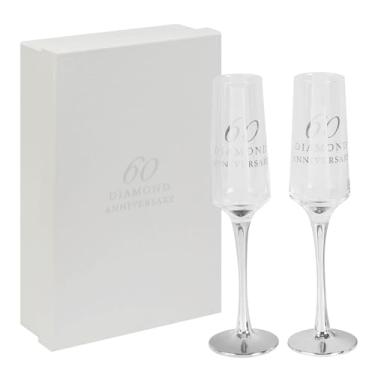 Imagem de Happy Homewares Par de taças de champanhe de vidro transparente com texto de folha prateada de 60º aniversário