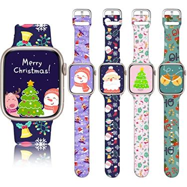 Imagem de Pacote com 4 pulseiras de relógio de Natal compatíveis com Apple Watch de 38 mm, 40 mm, 41 mm, 42 mm, 44 mm, 45 mm, 49 mm, iWatch Series SE 8 7 6 5 4 3 2 1, Papai Noel boneco de neve pulseira esportiva de silicone para mulheres e homens