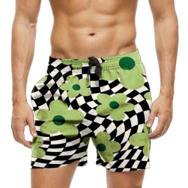 Imagem de Short Praia Shorts Banho Bermuda Verão Xadrez Flores Verdes 678 - SMOK
