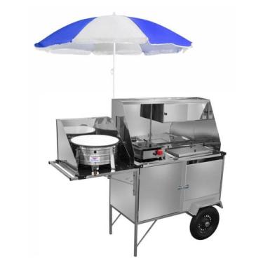 Imagem de Carrinho de Cachorro Quente Lanche Salgado Inox com Guarda Sol Rodas P