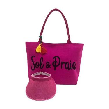 Imagem de Kit Bolsa Feminina Rosa Pink e Viseira Viagem Verão Piscina Praia Prem