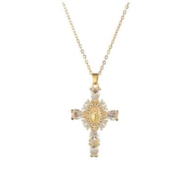 Imagem de GIGB PBDK Colar de cruz de strass banhado a ouro para mulheres, pingente de crucifixo de medalha milagrosa cintilante, colar de corrente fina, presente de joias de batismo católico doce, Large, Liga
